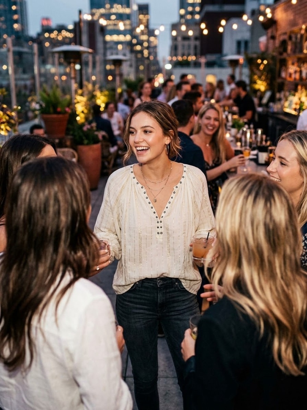 Amuse Society Cream Embellished V-Neck Peasant Blouse